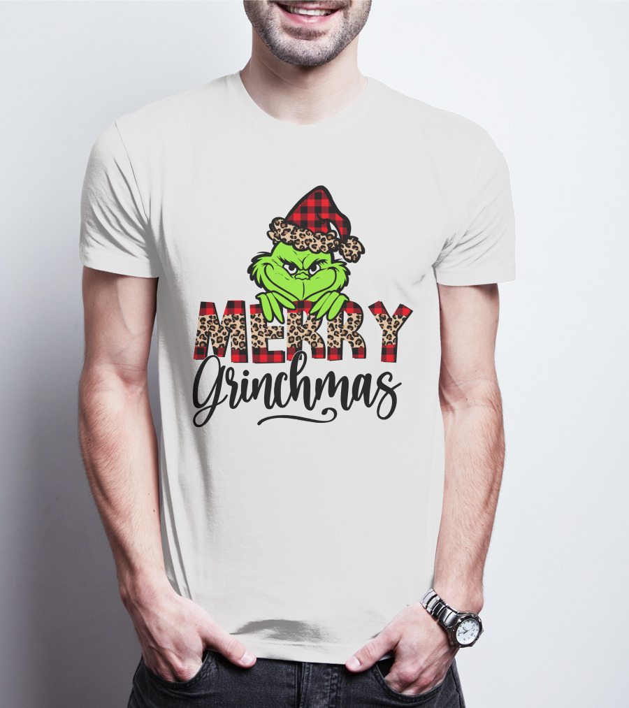 Merry Grinchmas Red Plaid And Leopard Print Christmas Grinch T-Shirt