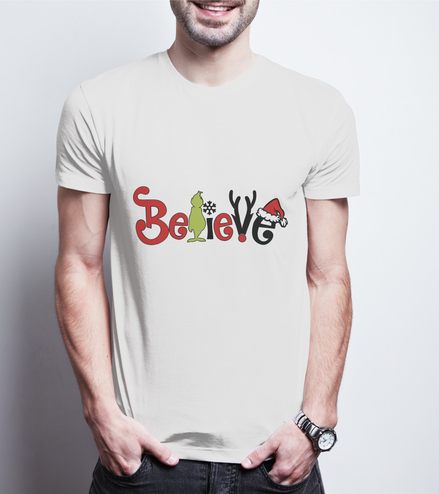 Grinch Believe Christmas Santa Hat Antlers T-Shirt