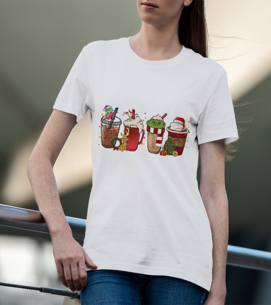 Grinch Christmas Coffee Drinks With Santa Hats And Holiday Decorations T-Shirt