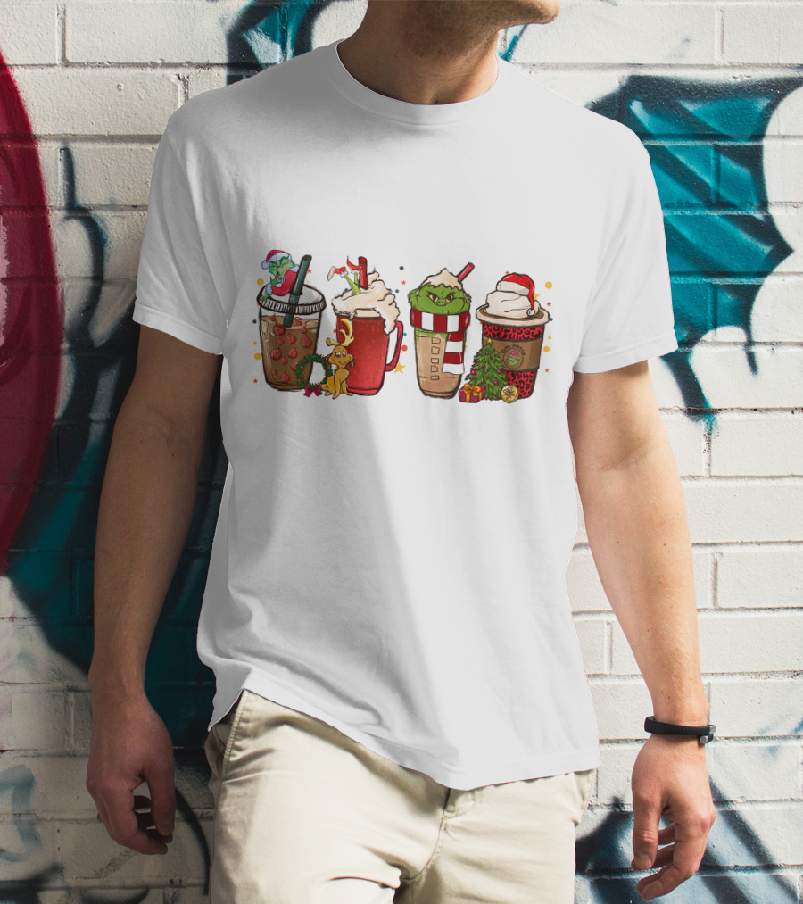 Grinch Christmas Coffee Drinks With Santa Hats And Holiday Decorations T-Shirt