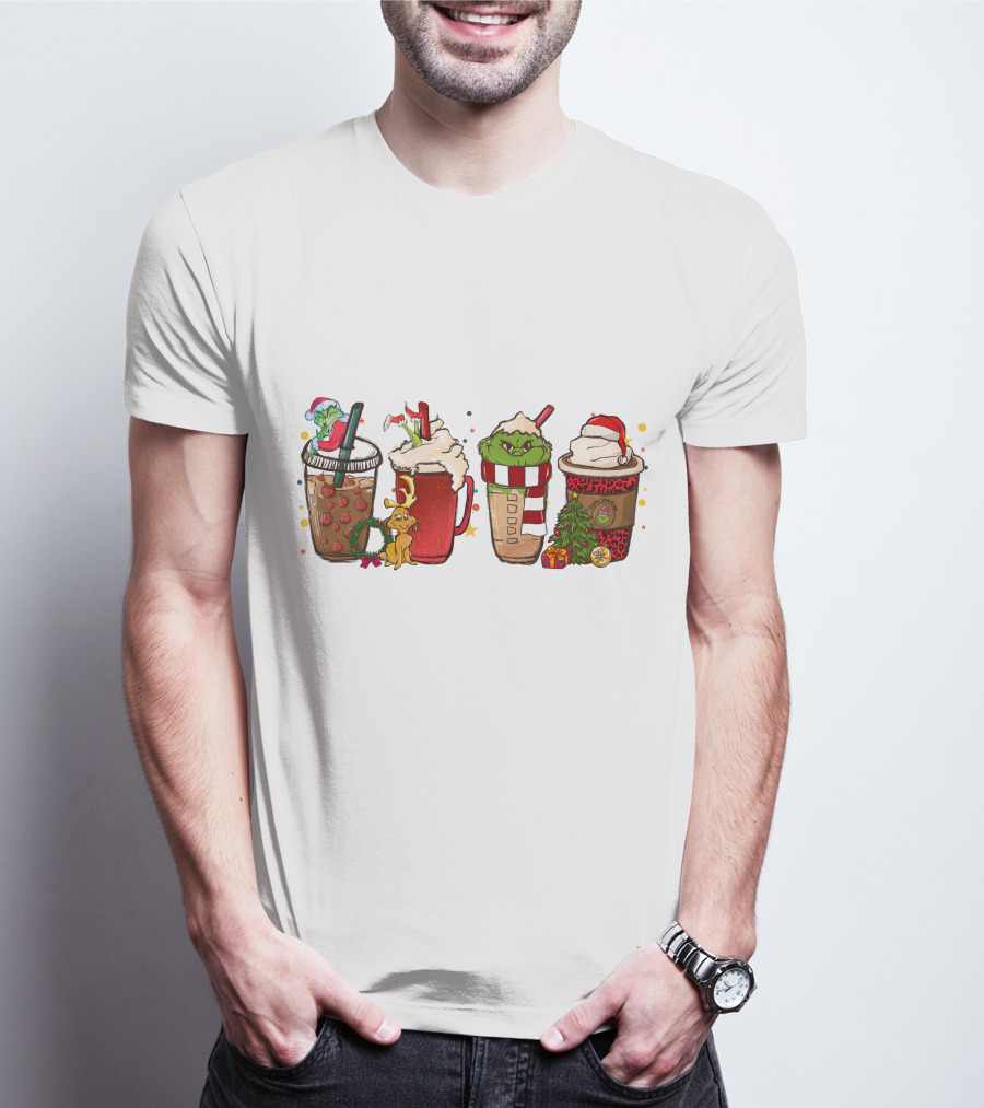 Grinch Christmas Coffee Drinks With Santa Hats And Holiday Decorations T-Shirt