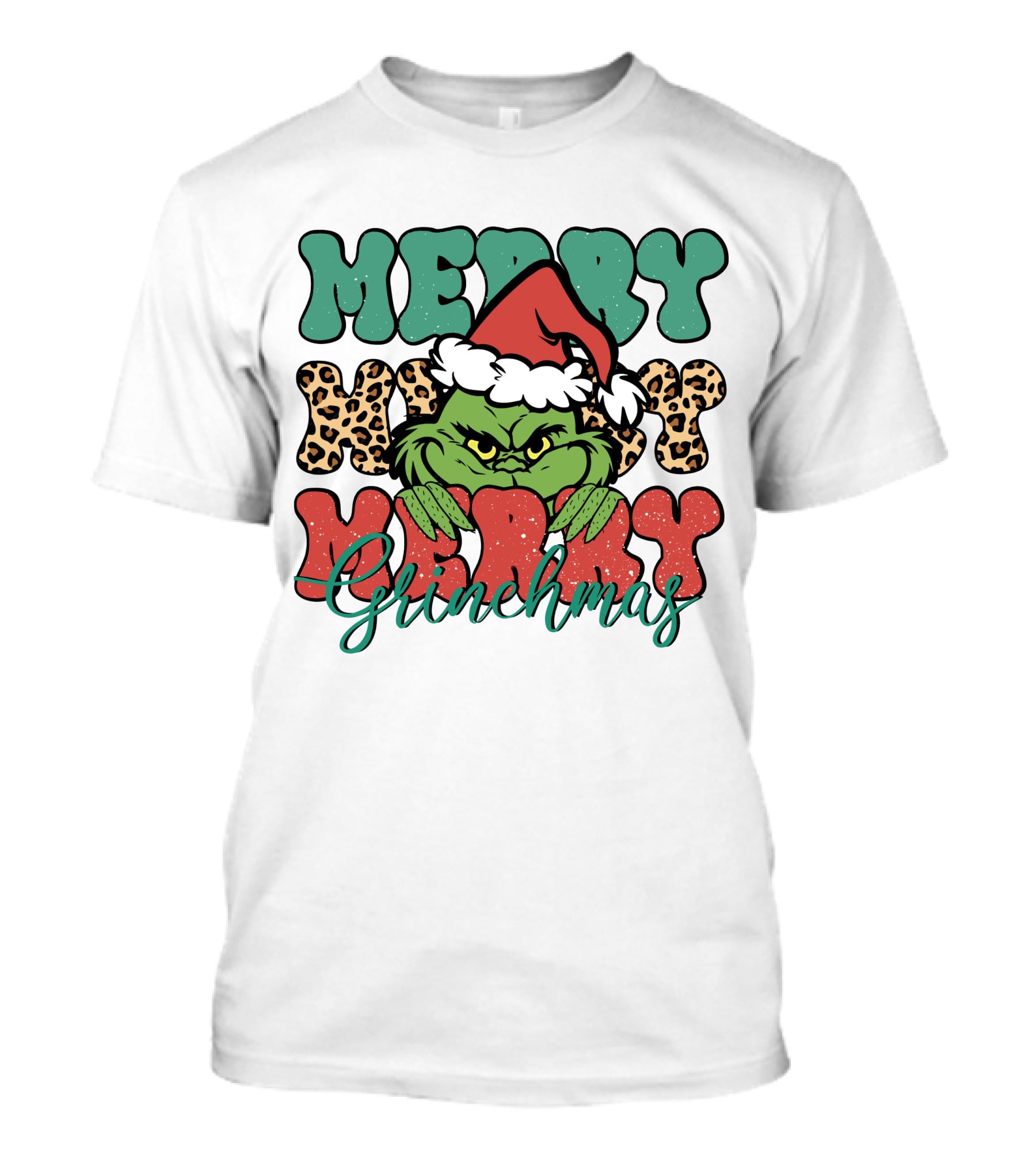 Merry Grinchmas Merry Merry Merry Grinch Christmas Santa Hat Green Face Leopard Print T-Shirt