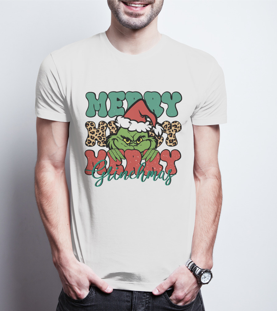 Merry Grinchmas Merry Merry Merry Grinch Christmas Santa Hat Green Face Leopard Print T-Shirt