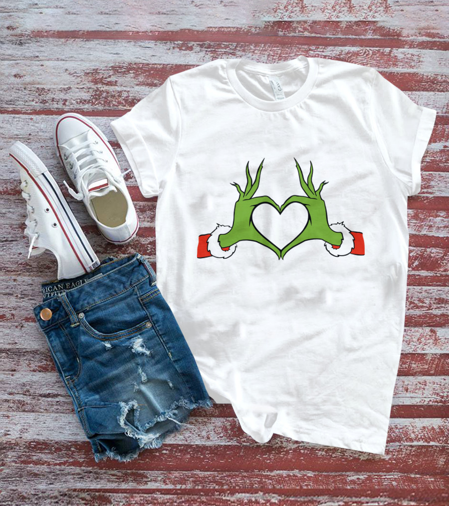 Grinch Hand Heart Christmas Santa Sleeve T-Shirt