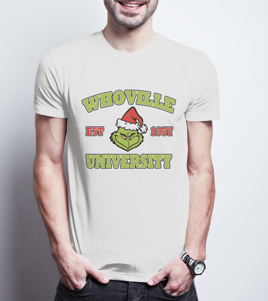 Whoville University Est 1957 Grinch Santa Hat T-Shirt