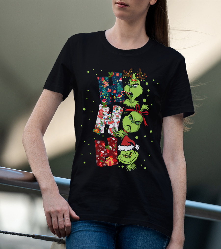 Grinch Ho Ho Ho Christmas Characters With Antlers And Santa Hat T-Shirt
