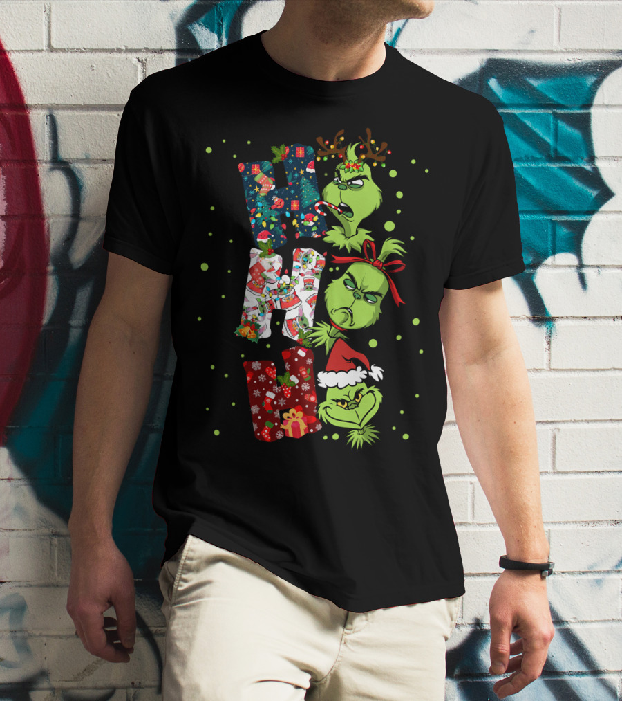 Grinch Ho Ho Ho Christmas Characters With Antlers And Santa Hat T-Shirt