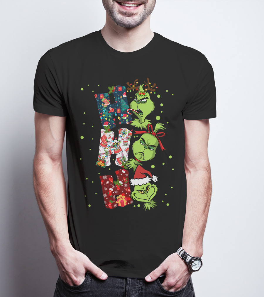 Grinch Ho Ho Ho Christmas Characters With Antlers And Santa Hat T-Shirt