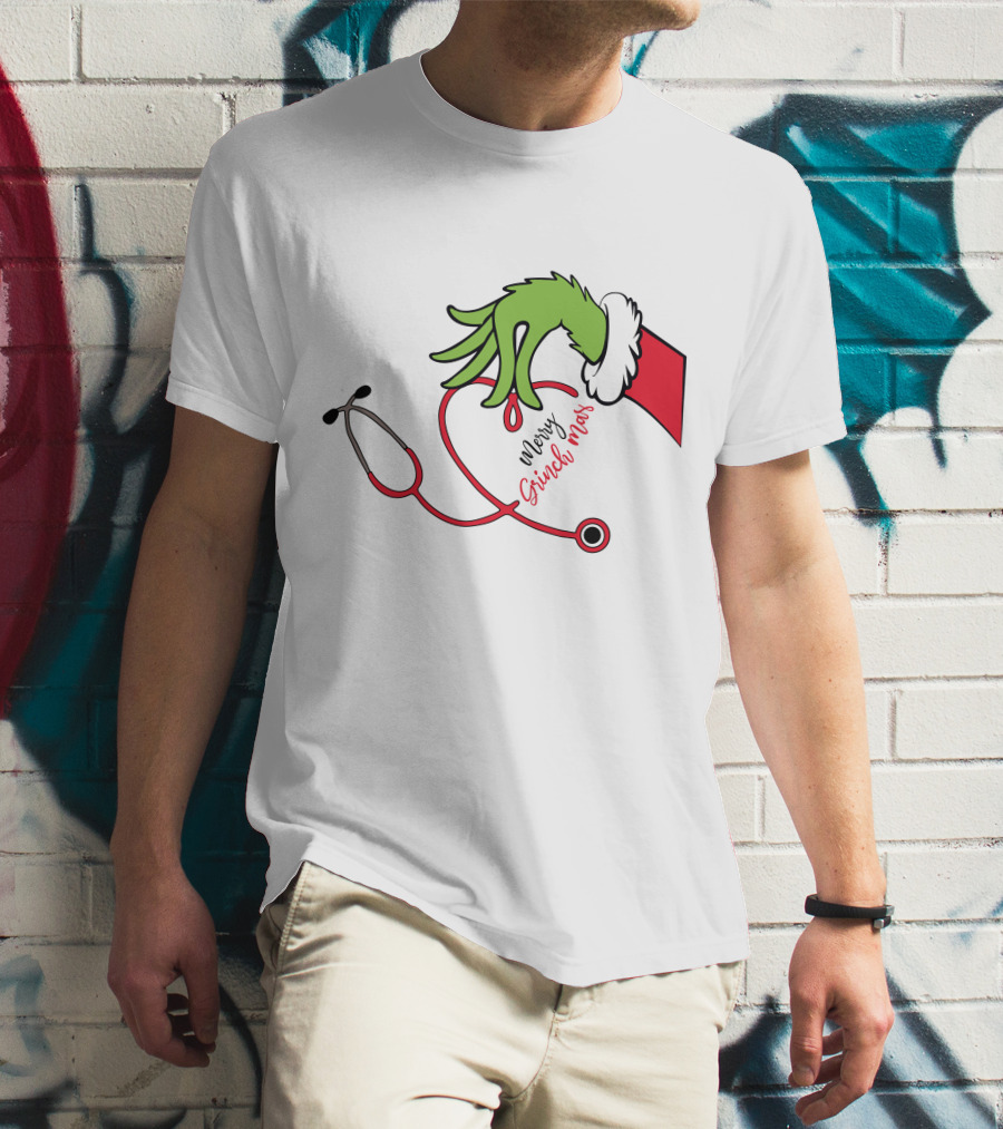 Merry Grinchmas Nurse Stethoscope Christmas Grinch Hand T-Shirt