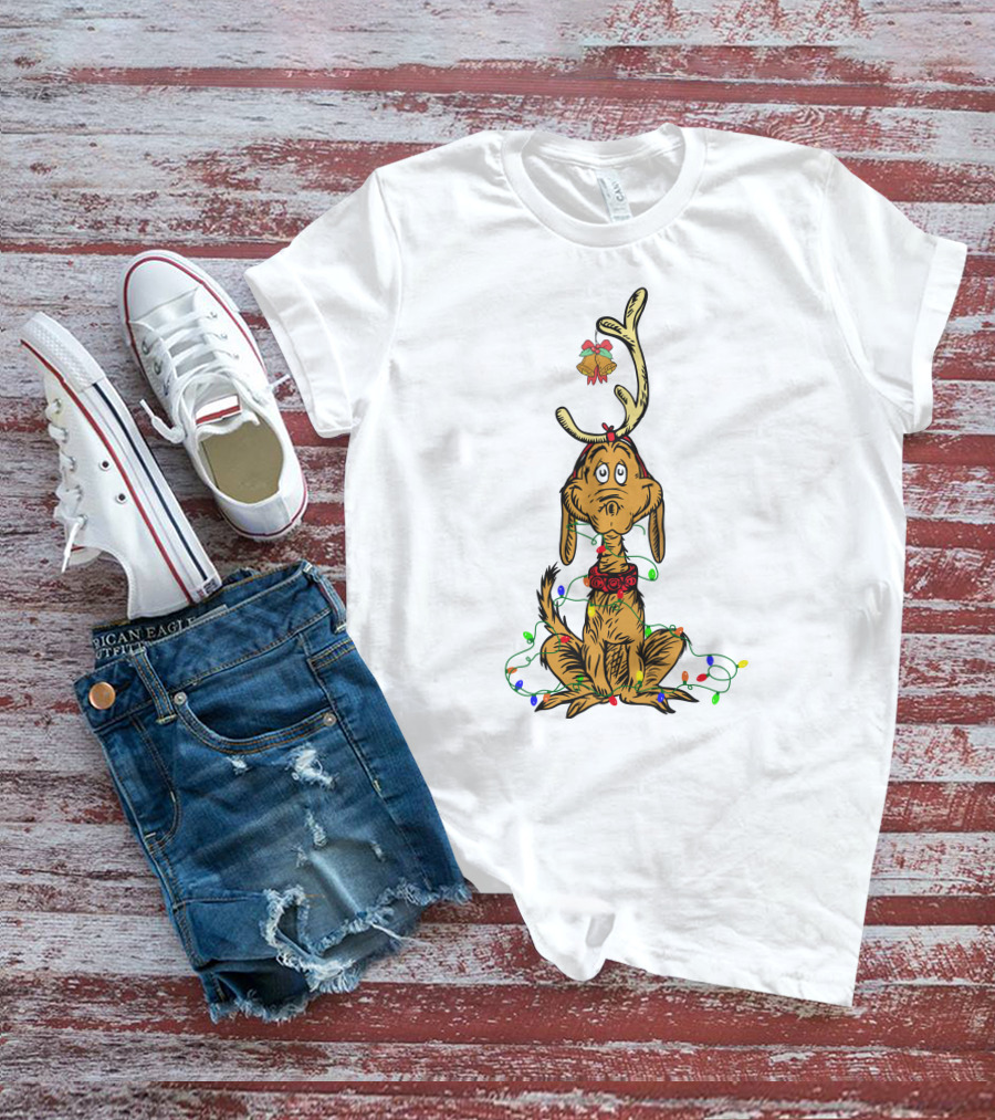 Grinch Max With Christmas Lights And Antlers T-Shirt