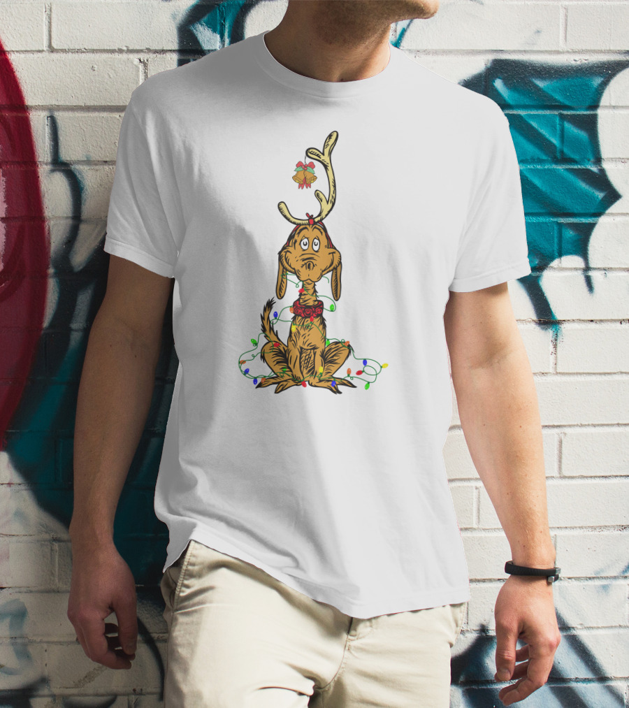 Grinch Max With Christmas Lights And Antlers T-Shirt
