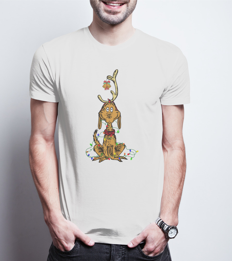 Grinch Max With Christmas Lights And Antlers T-Shirt