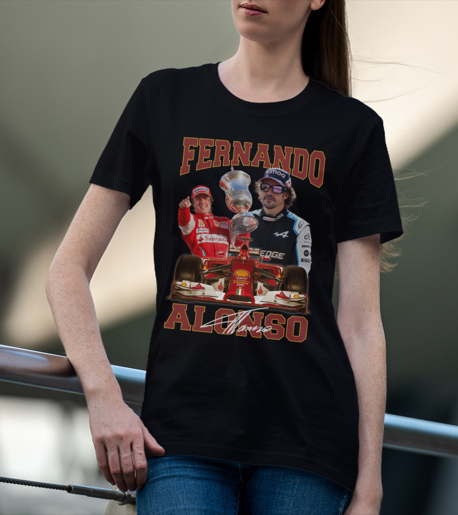 FERNANDO ALONSO F1 RACING LEGEND WITH TROPHY AND CARS T-Shirt