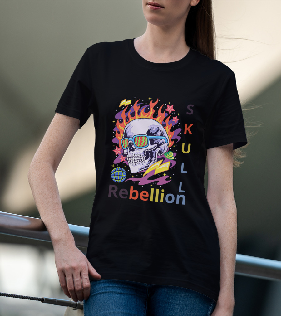 Rebellion Skull With Fiery Sunglasses And Cosmic Elements T-Shirt