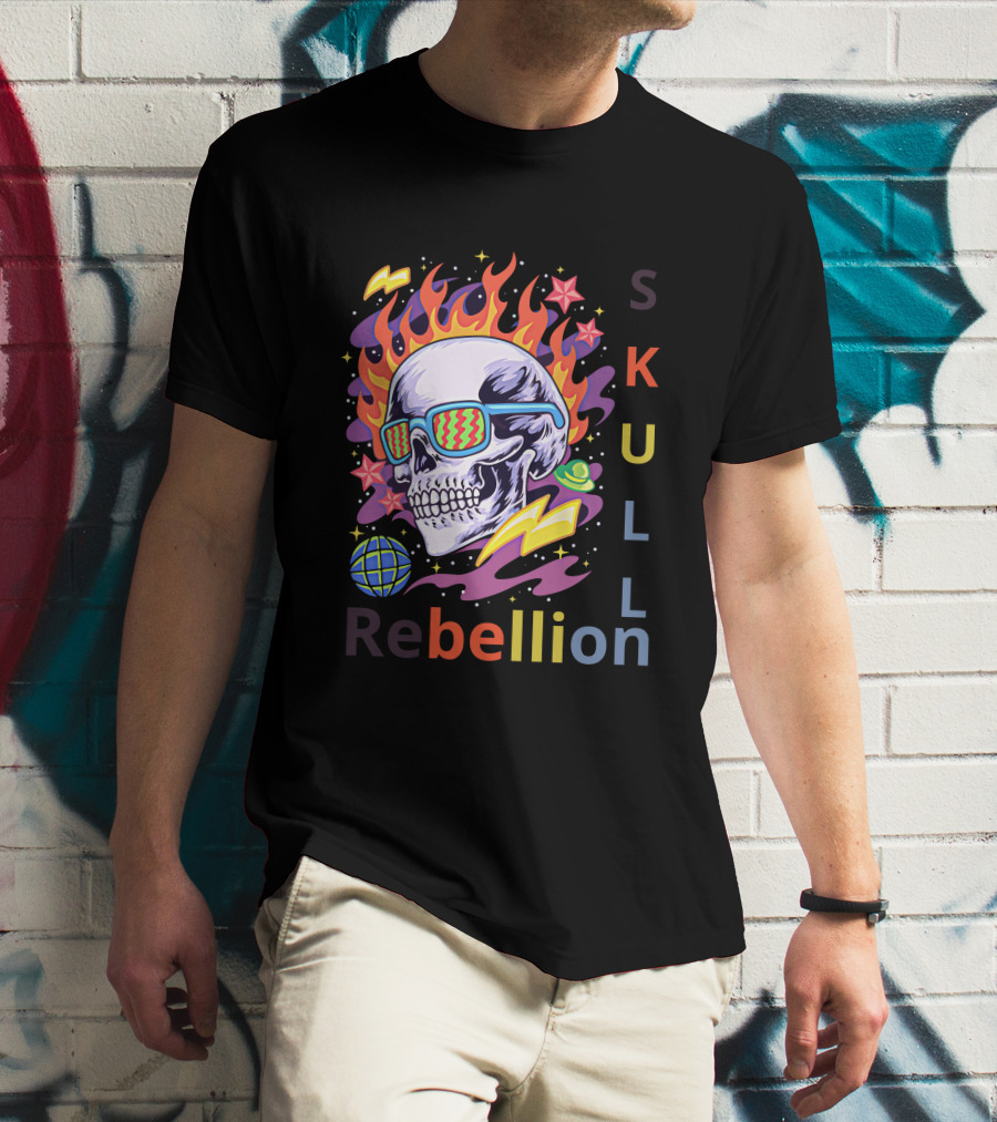 Rebellion Skull With Fiery Sunglasses And Cosmic Elements T-Shirt