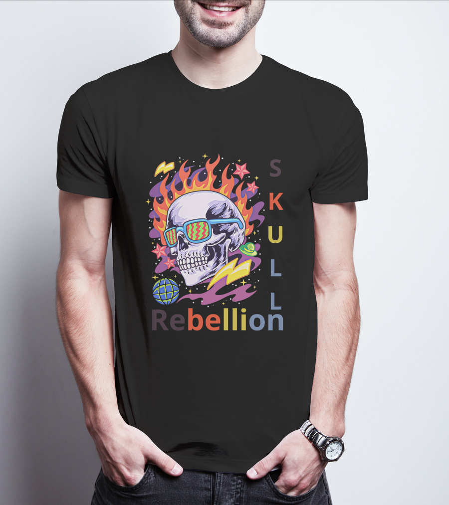 Rebellion Skull With Fiery Sunglasses And Cosmic Elements T-Shirt