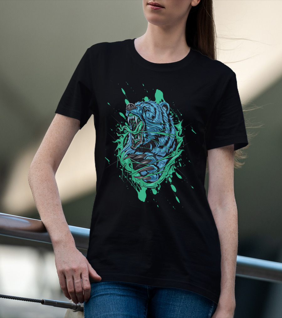 Angry Bear Roaring In Dynamic Teal And Black Paint Splash T-Shirt