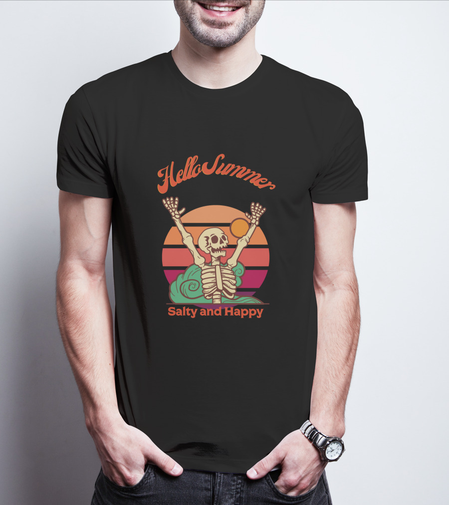 Hello Summer Salty And Happy Skeleton Sunset T-Shirt
