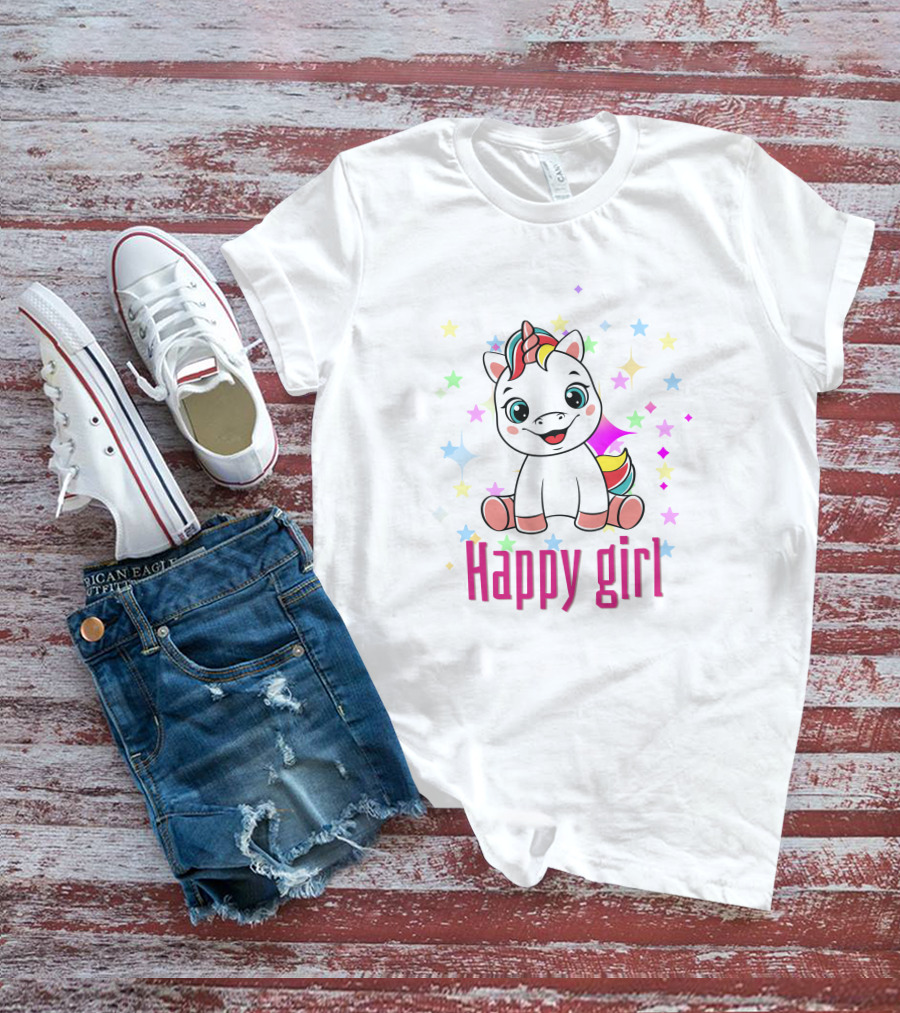 Happy Girl Colorful Unicorn Surrounded By Stars T-Shirt