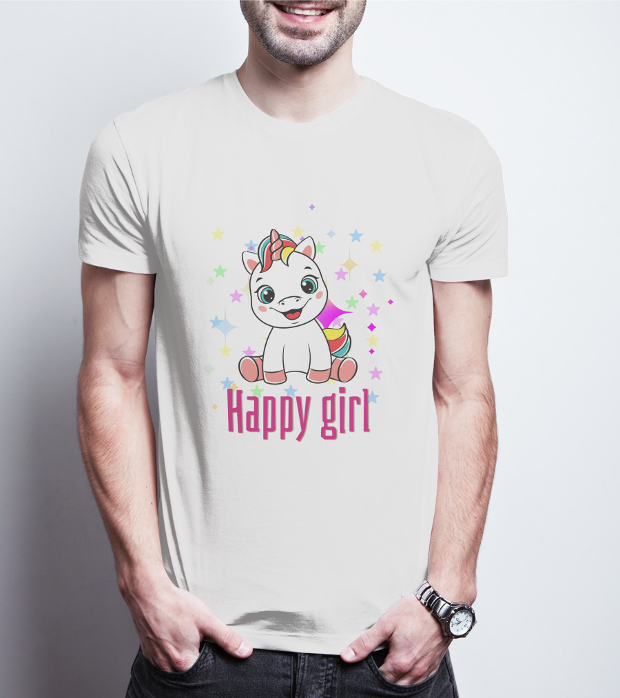Happy Girl Colorful Unicorn Surrounded By Stars T-Shirt