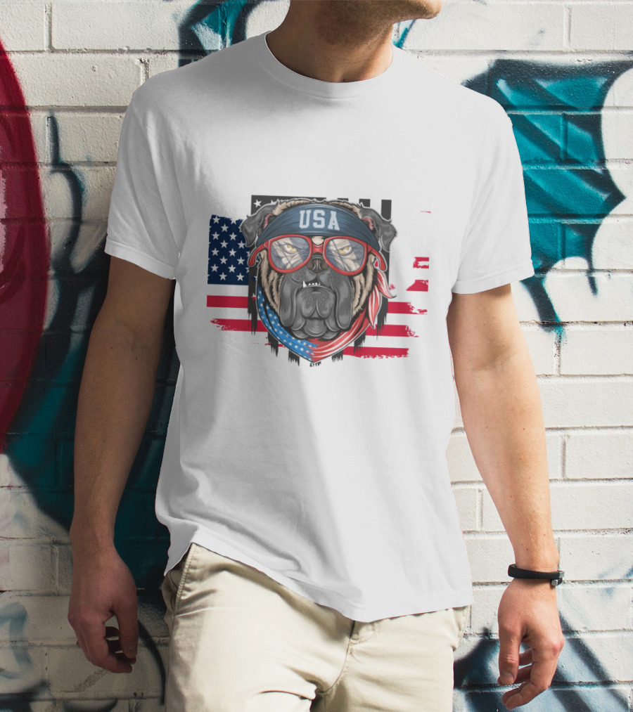 USA Bandana Glasses American Bulldog With Flag Background T-Shirt