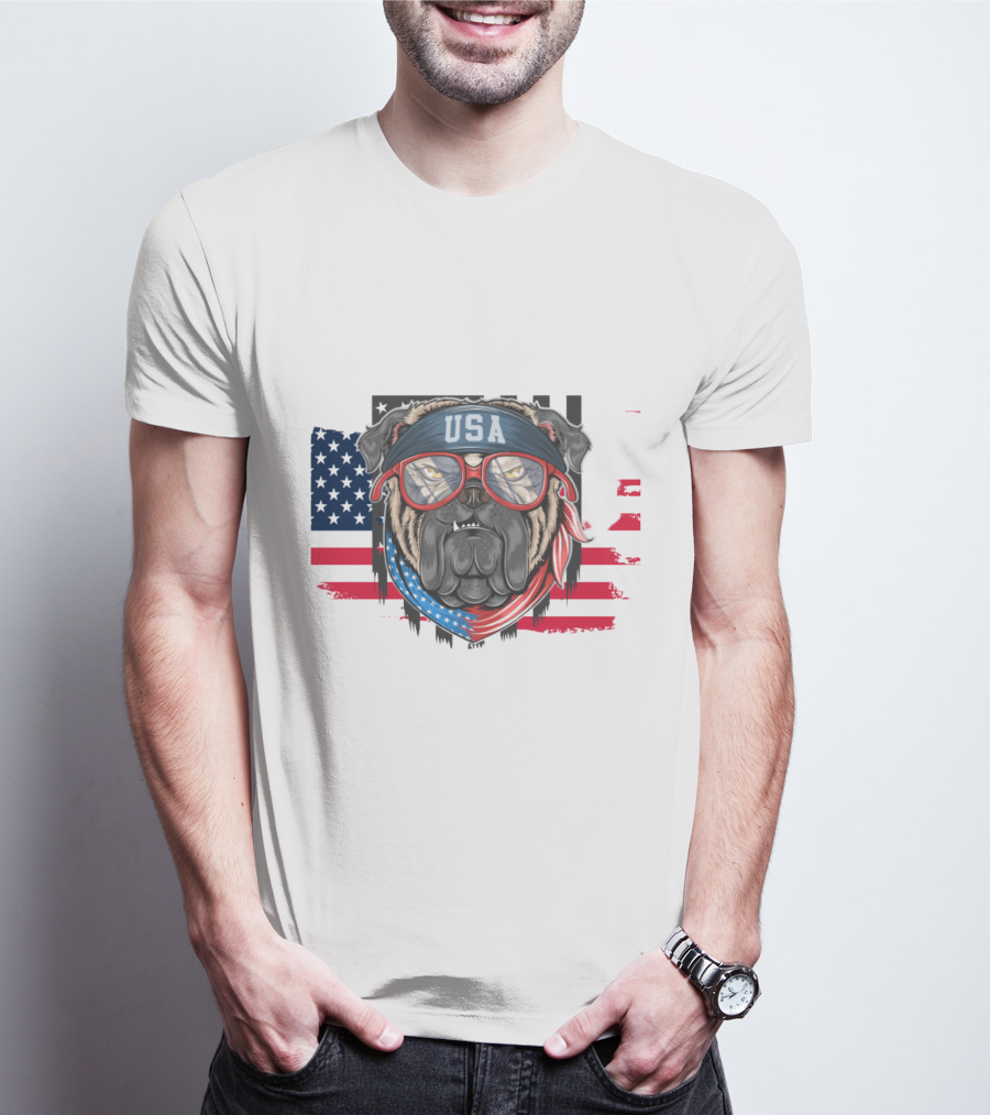 USA Bandana Glasses American Bulldog With Flag Background T-Shirt