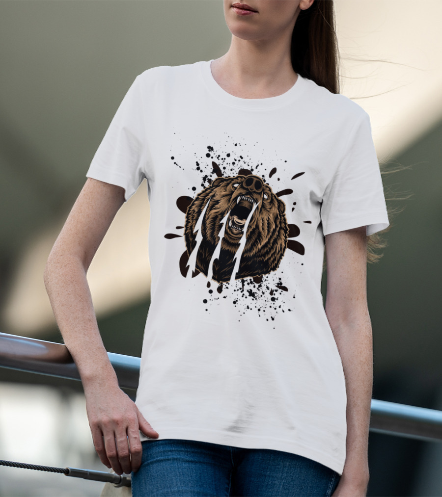 Roaring Bear With Splatter Effect And Claw Marks T-Shirt
