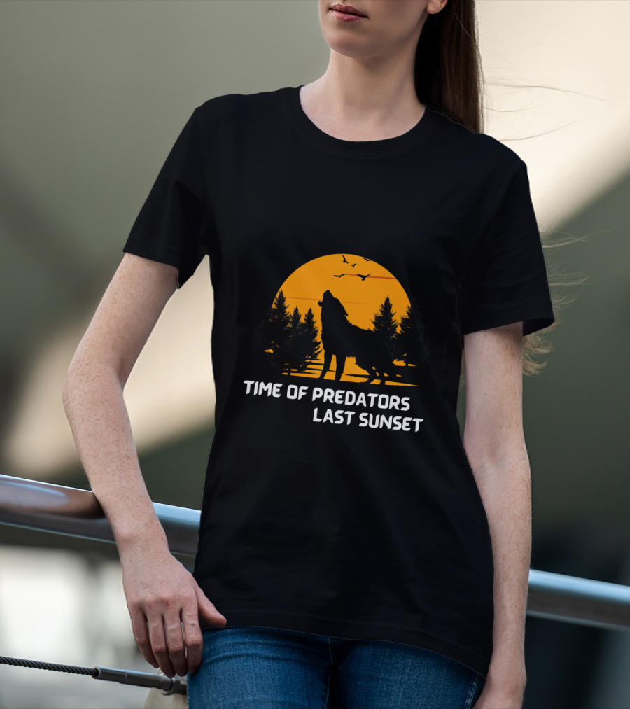 Time Of Predators Last Sunset Wolf Silhouette Against Orange Sky With Trees And Birds T-Shirt