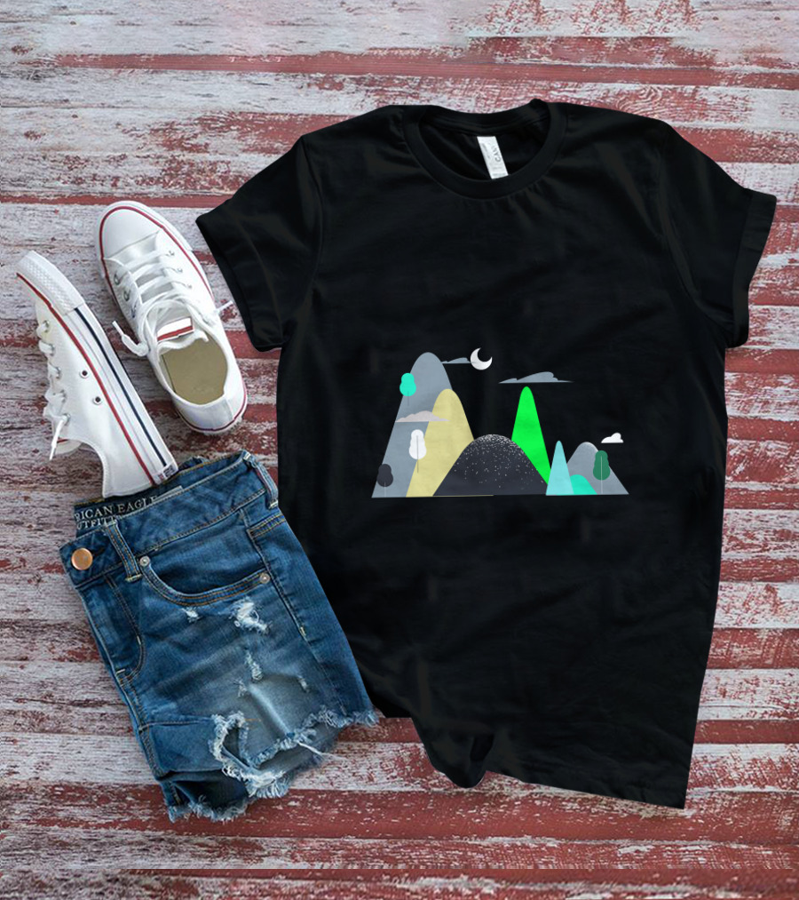 Mountains Moon Night Scene With Trees And Clouds T-Shirt