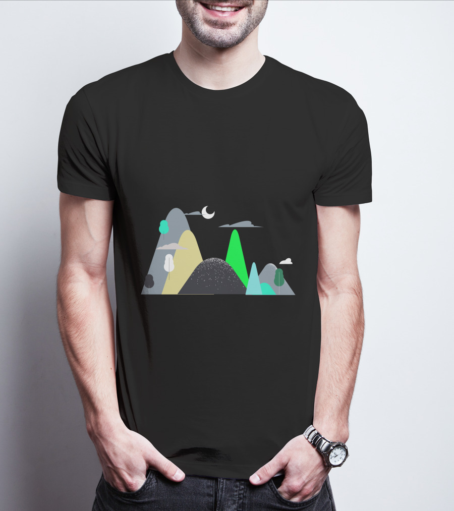 Mountains Moon Night Scene With Trees And Clouds T-Shirt
