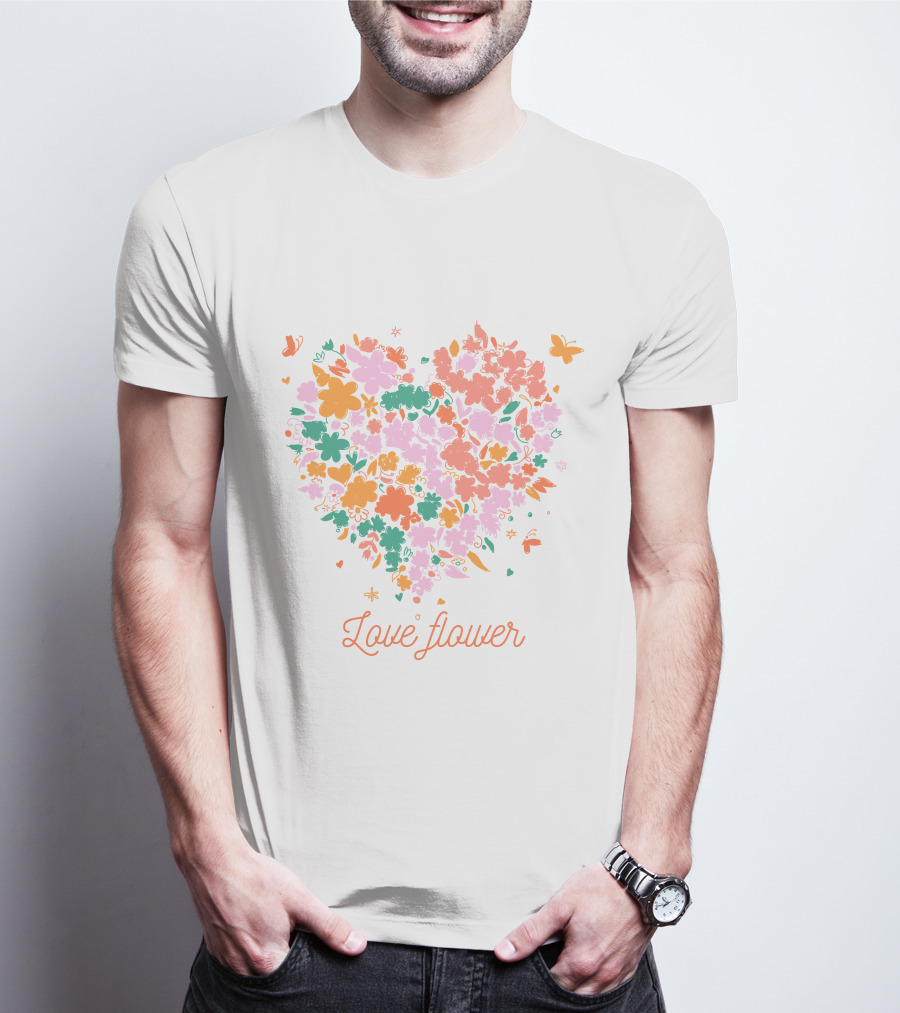 Love Flower Heart With Colorful Floral Pattern And Butterflies T-Shirt