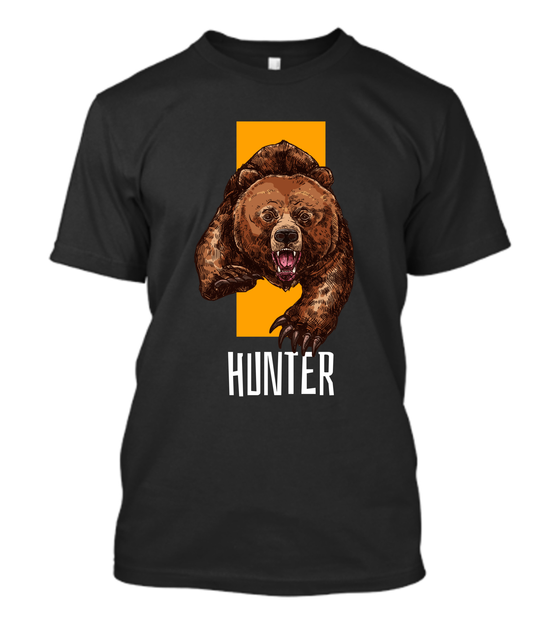 Hunter Bear With Aggressive Roar On Vertical Yellow Stripe T-Shirt