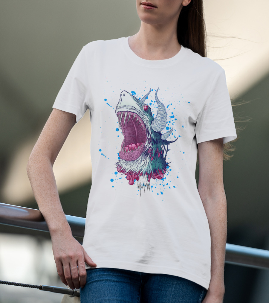 Monster Shark Scream With Horns And Splatter T-Shirt
