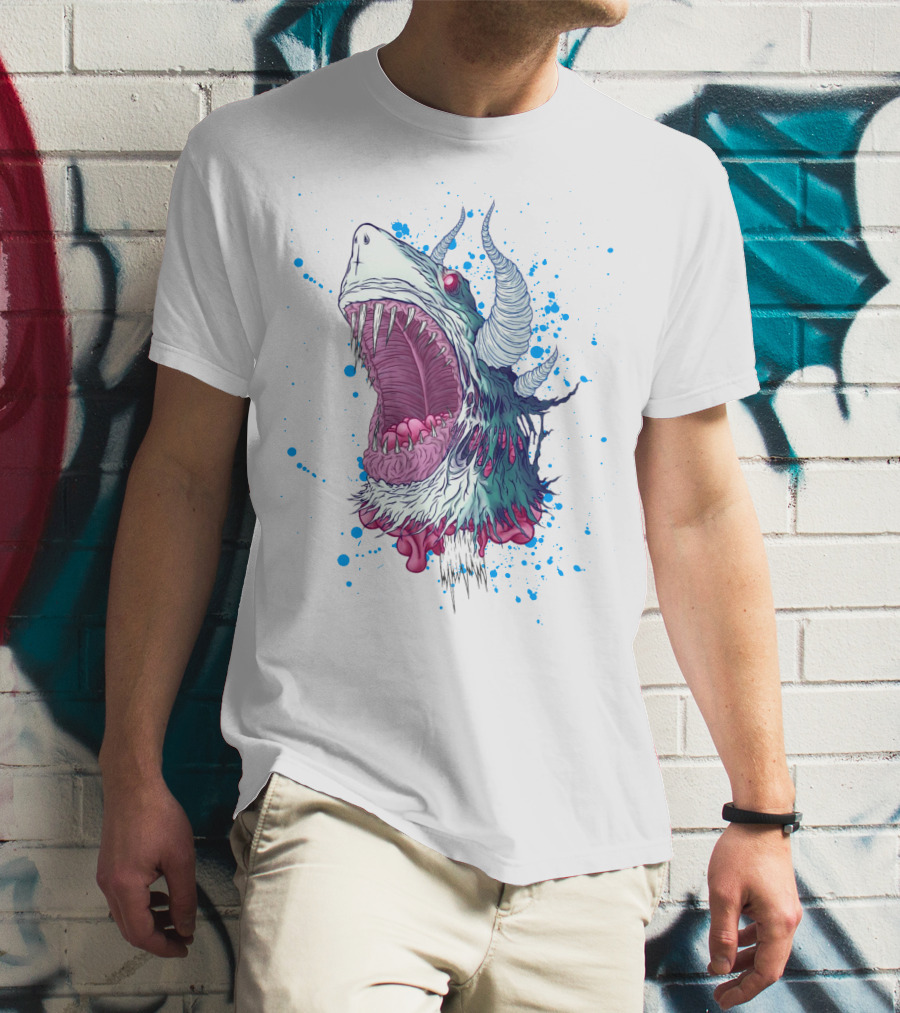 Monster Shark Scream With Horns And Splatter T-Shirt