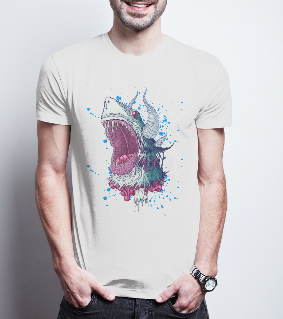 Monster Shark Scream With Horns And Splatter T-Shirt