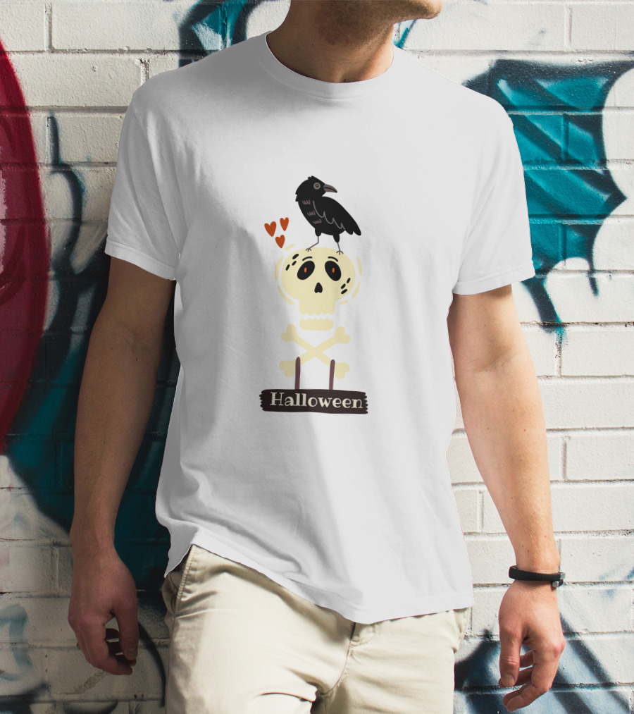 Halloween Skeleton Skull With Raven And Hearts T-Shirt