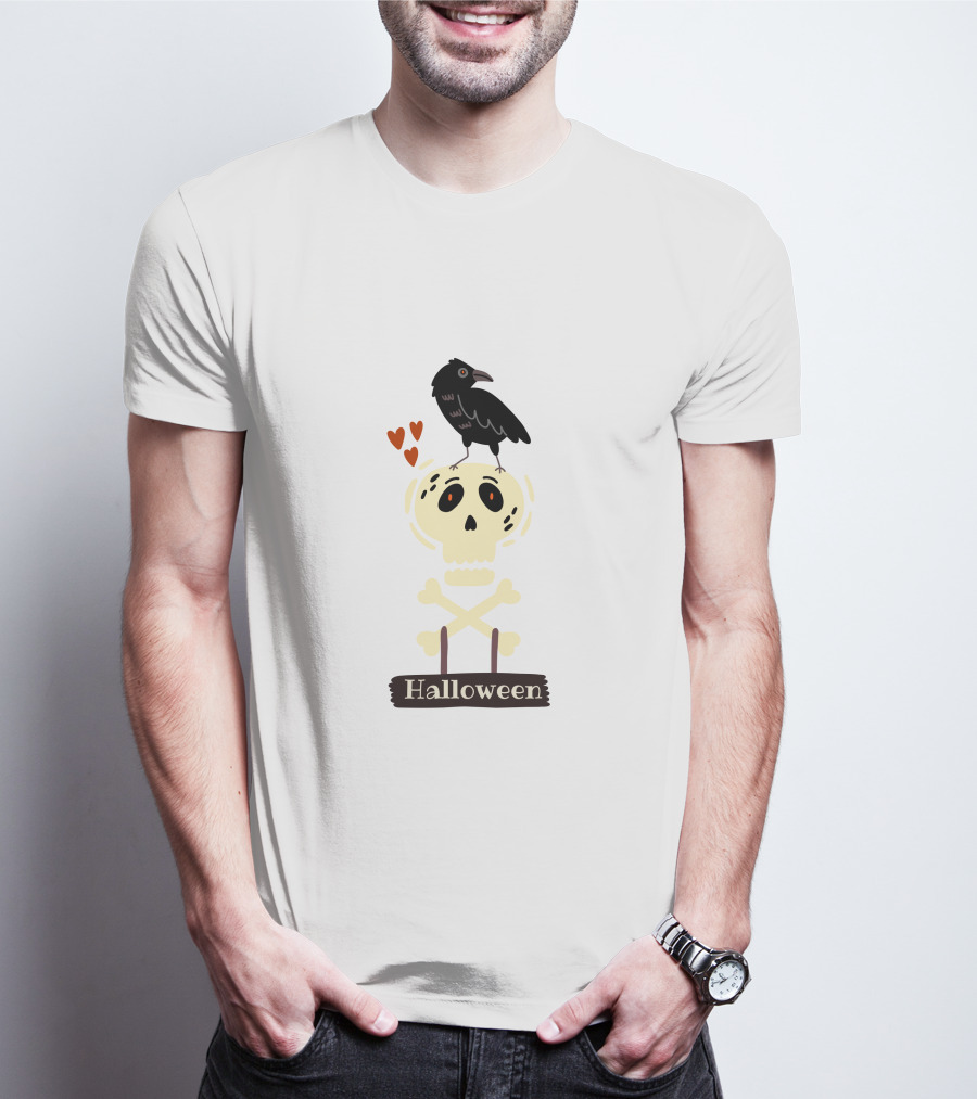 Halloween Skeleton Skull With Raven And Hearts T-Shirt
