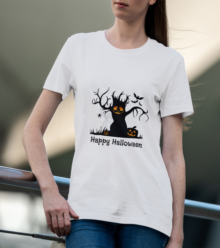 Happy Halloween Tree With Pumpkins, Bats, And Spiderweb T-Shirt