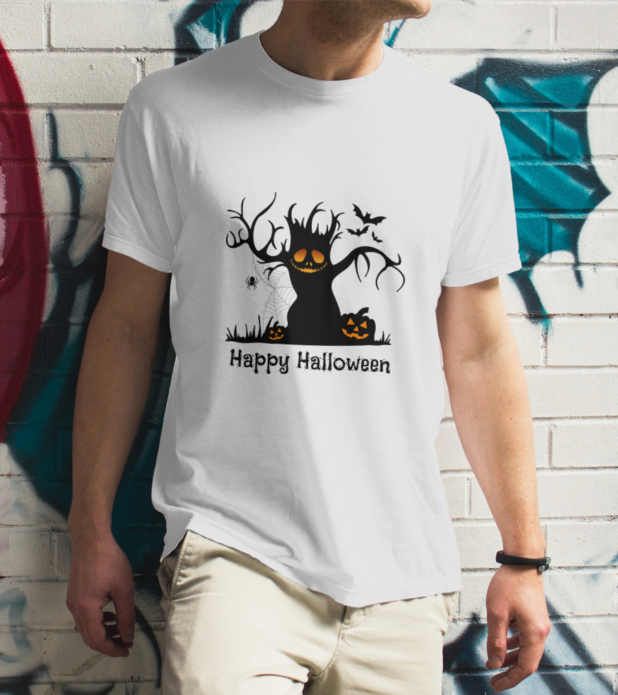 Happy Halloween Tree With Pumpkins, Bats, And Spiderweb T-Shirt