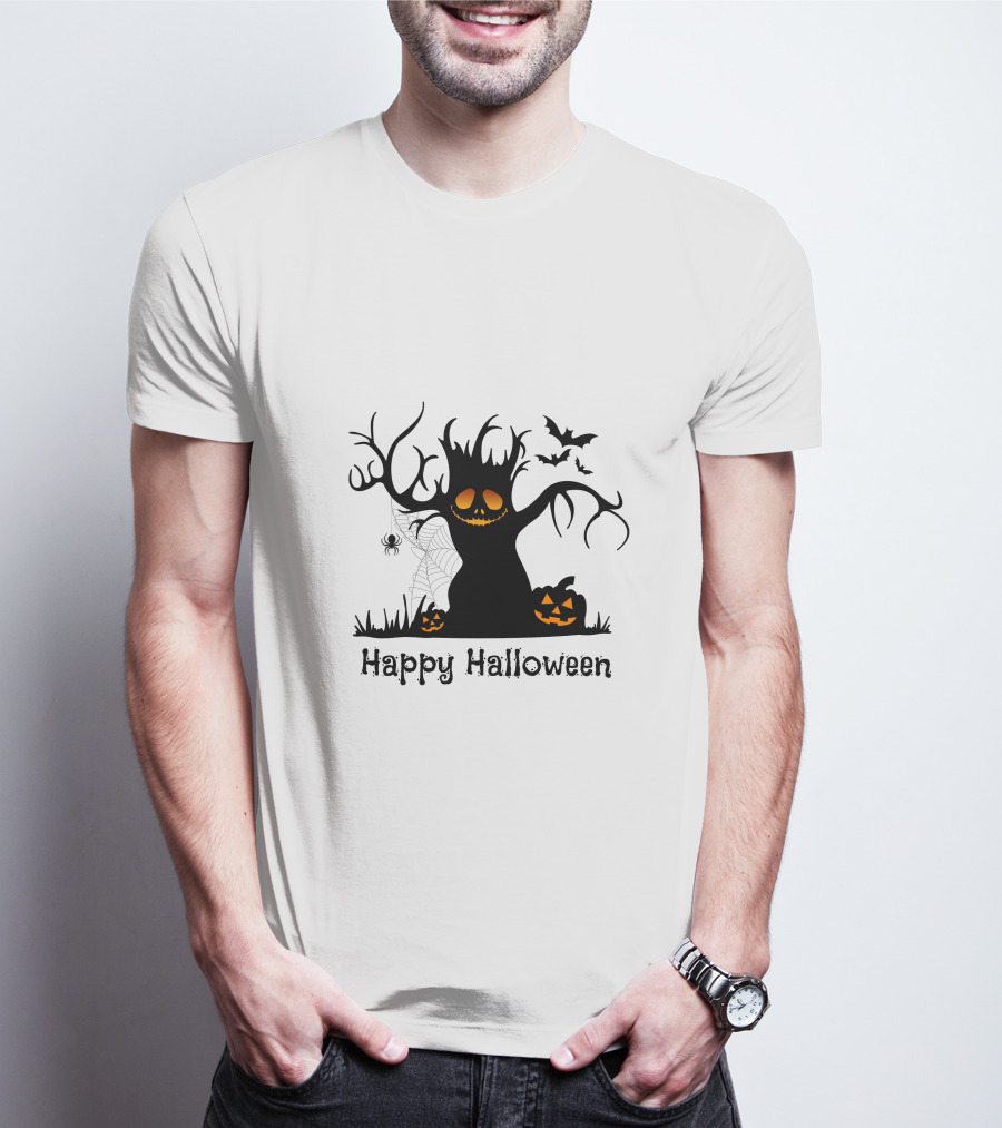 Happy Halloween Tree With Pumpkins, Bats, And Spiderweb T-Shirt