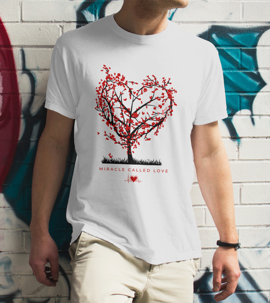 Miracle Called Love Heart-Shaped Tree With Red Leaves And Heartbeat T-Shirt