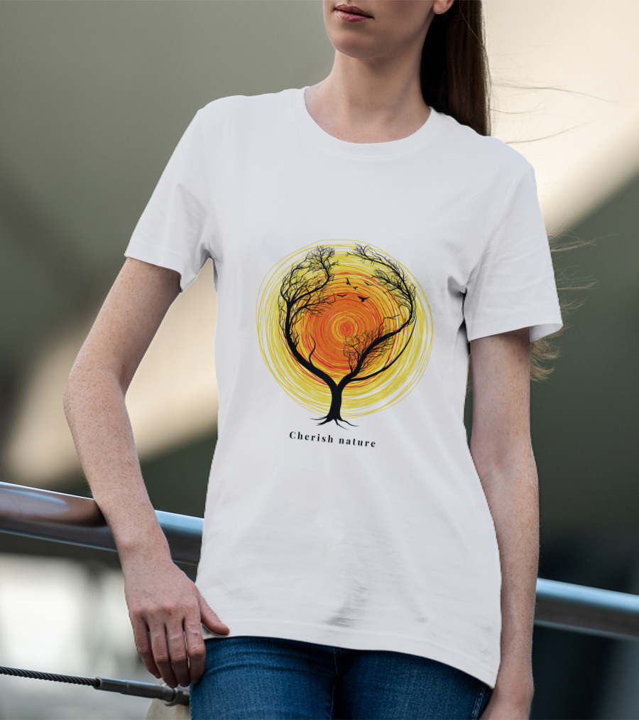 Cherish Nature Tree Silhouette With Birds And Vibrant Spiral Sun T-Shirt