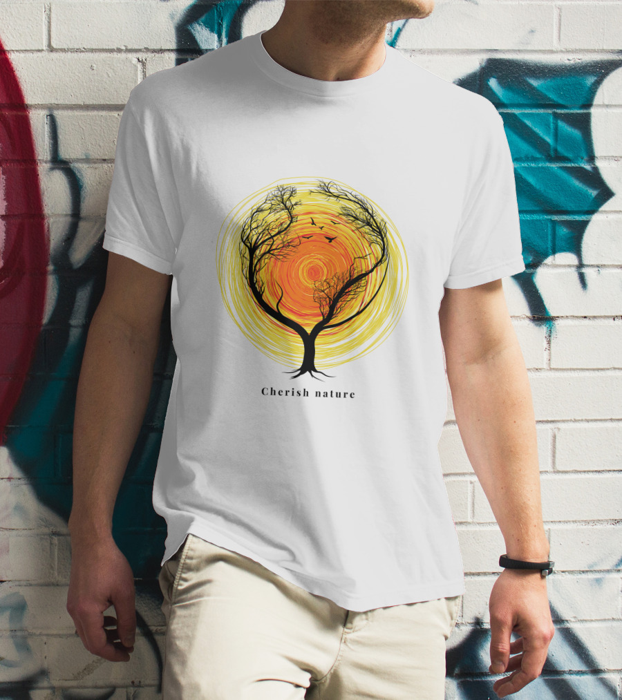 Cherish Nature Tree Silhouette With Birds And Vibrant Spiral Sun T-Shirt