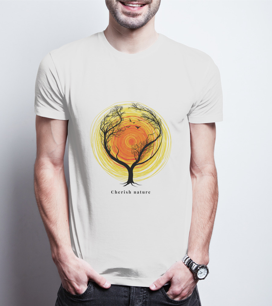 Cherish Nature Tree Silhouette With Birds And Vibrant Spiral Sun T-Shirt