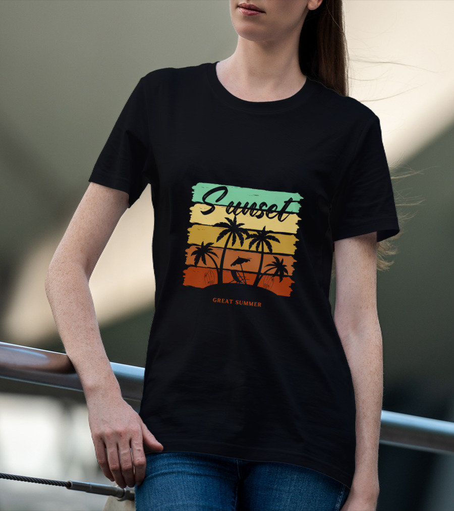 Sunset Great Summer Palm Trees Beach Scene T-Shirt