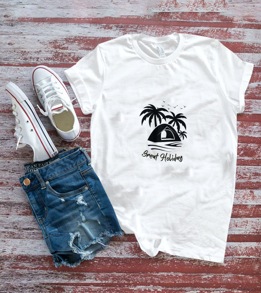 Great Holiday Camping Beach Tent Palm Trees Seagulls T-Shirt