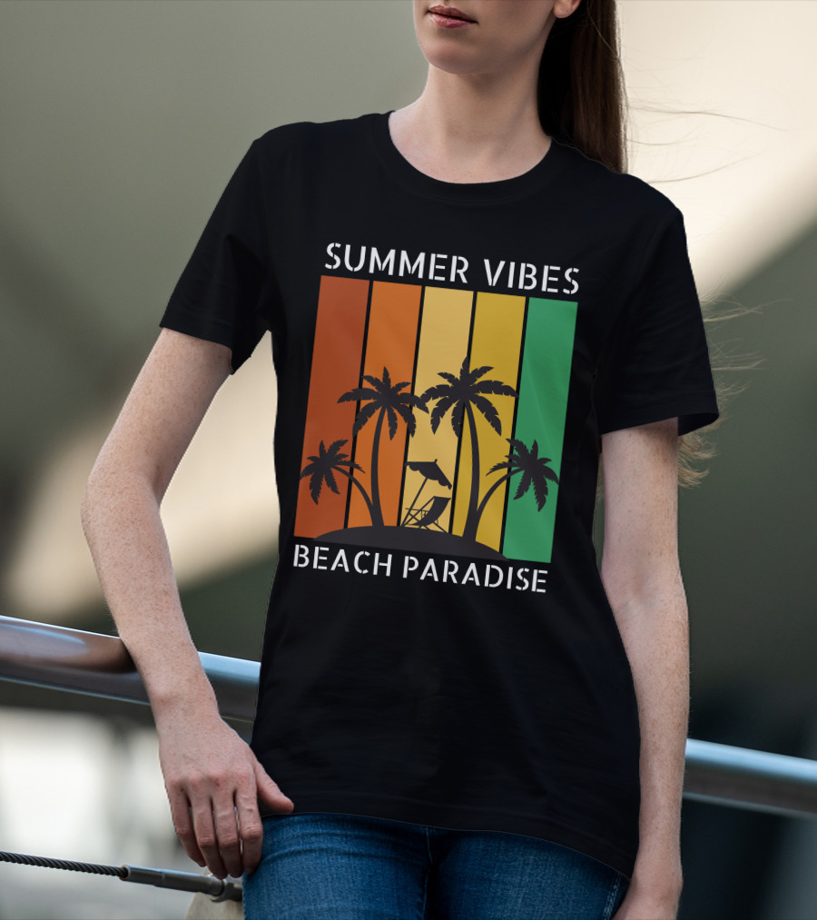 SUMMER VIBES BEACH PARADISE Palm Trees And Lounge Chair On Sunset Stripes T-Shirt