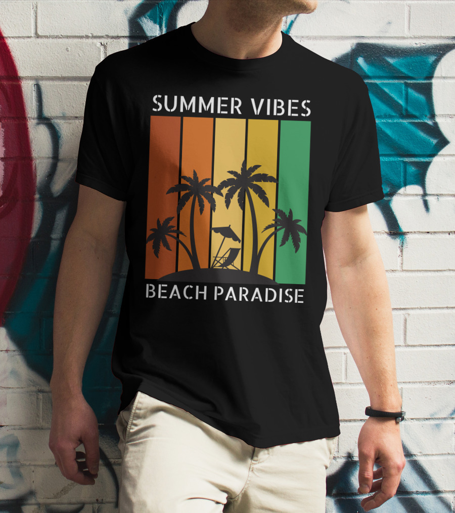 SUMMER VIBES BEACH PARADISE Palm Trees And Lounge Chair On Sunset Stripes T-Shirt