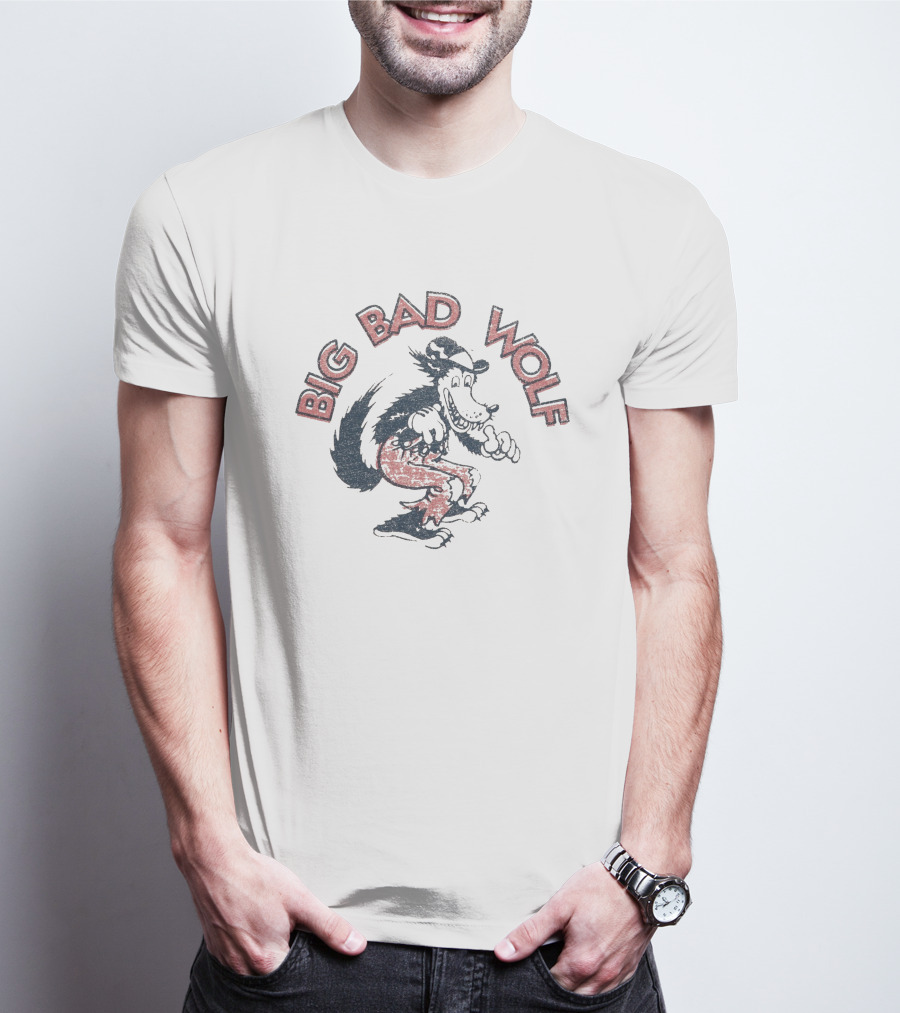 Big Bad Wolf Cartoon Character Walking In Red Pants And Hat T-Shirt