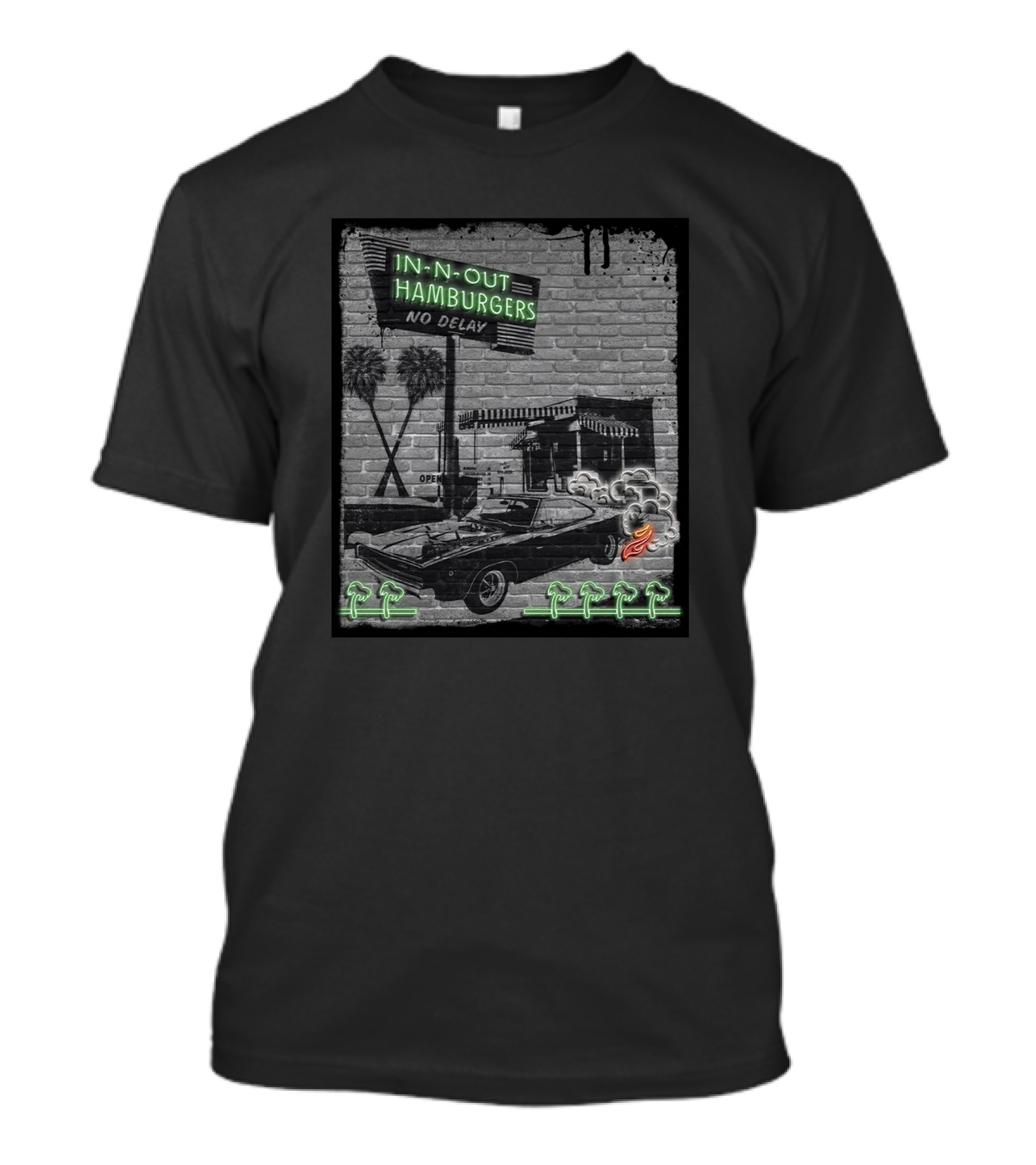 In-N-Out Hamburgers No Delay Neon Classic Car And Palm Trees T-Shirt